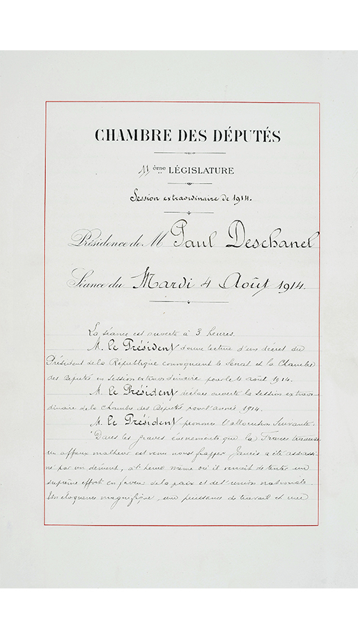 4 août :  photos de la première page du pv de la séance du 4 août 1914 