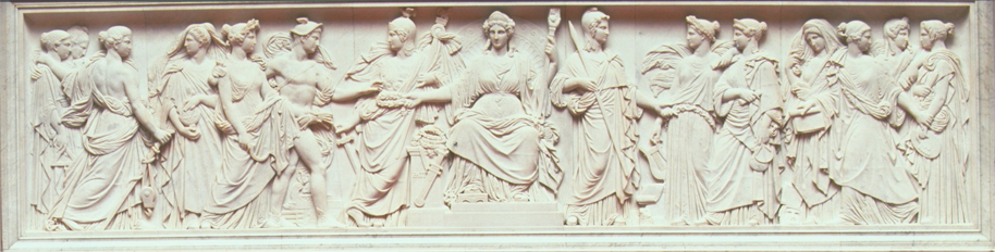 "La France distribuant des couronnes aux Arts et à l'Industrie, bas-relief en marbre de Jean-Baptiste-Louis Roman